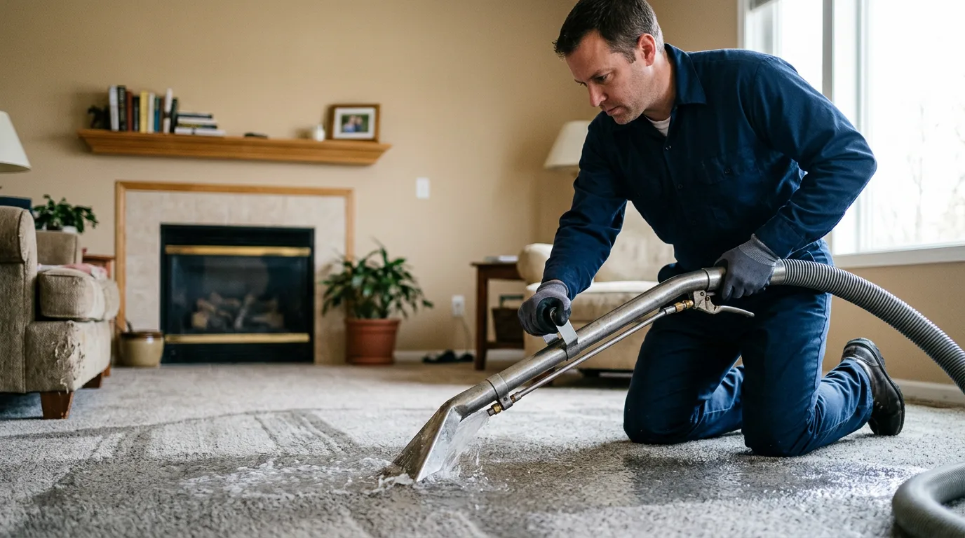 Water damage restoration technician working near Fairfield, IA